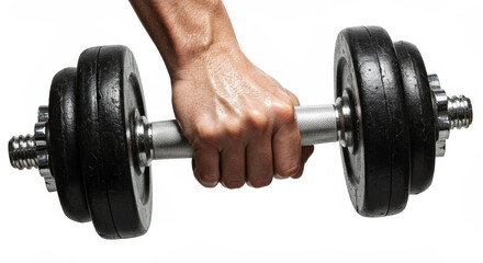 hand gripping a dumbbell, fitness realism, subtle sweat texture, bright white background