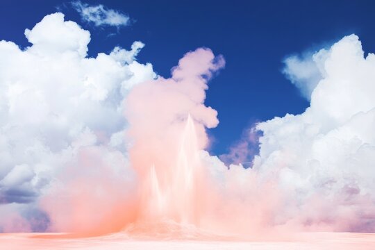 Dramatic erupting geyser against a blue sky with billowing clouds