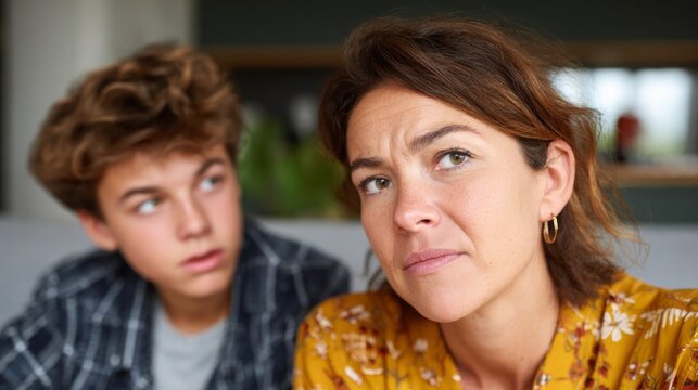 A teenage boy with a rebellious attitude, sitting between two adults, possibly his parents or siblings, in a living room setting.