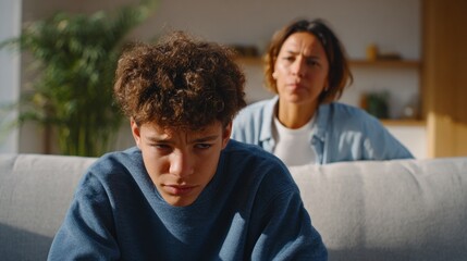 Fototapeta premium A young man sitting on a couch, looking at the camera, with a woman standing behind him.