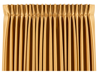 Top of a golden satin curtain with classic pencil pleat folds on a transparent background