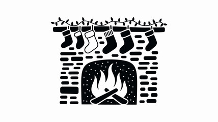 A christmas fireplace with stockings and a garland in a black and white minimalist illustration