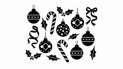 Black and white christmas ornament icons with candy canes and ribbons on a white background design