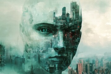 Futuristic ai concept with transparent robot head over cityscape for technology design
