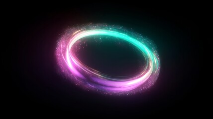 Vibrant neon orb with swirling magic circles illuminates dark space
