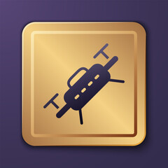 Purple Drone flying icon isolated on purple background. Quadrocopter with video and photo camera symbol. Gold square button. Vector