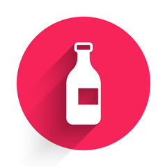 White Bottle of wine icon isolated with long shadow background. Red circle button. Vector