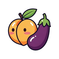 Playful Peach and Eggplant Cartoon Illustration - A Whimsical Food Combination.