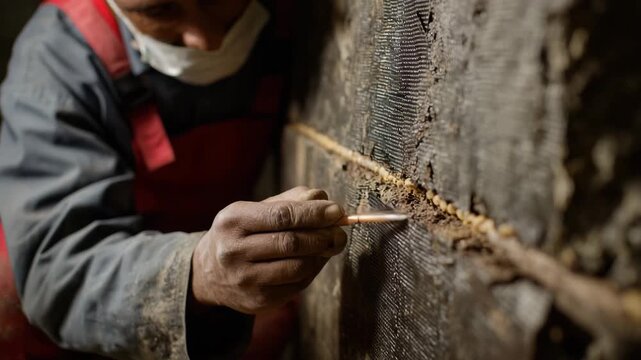 A close-up of a craftsman meticulously working on a wall, highlighting the dedication and skill involved in traditional craftsmanship and repair work with precision tools.