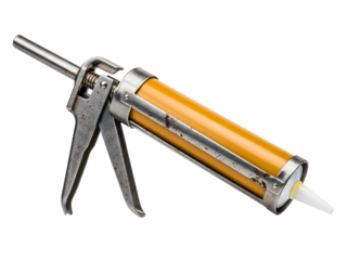 Old metal caulking gun with a yellow tube of silicone sealant on a transparent background