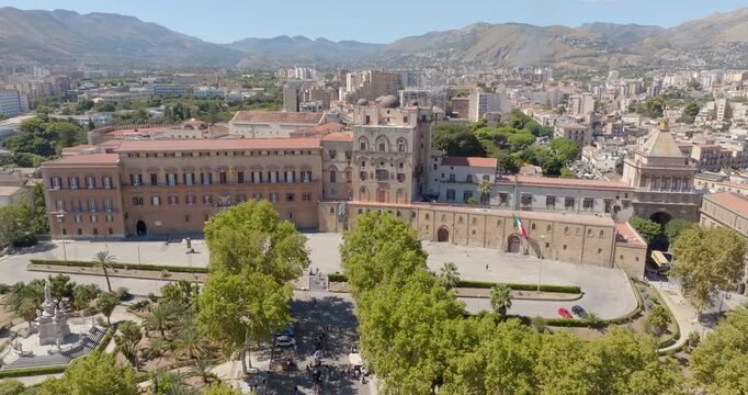 Aerial view of the Palazzo dei Normanni, also known as Royal Palace. It is located in the historic center of Palermo, Sicily, Italy. It is one of the city's most visited monuments and a Heritage Site.