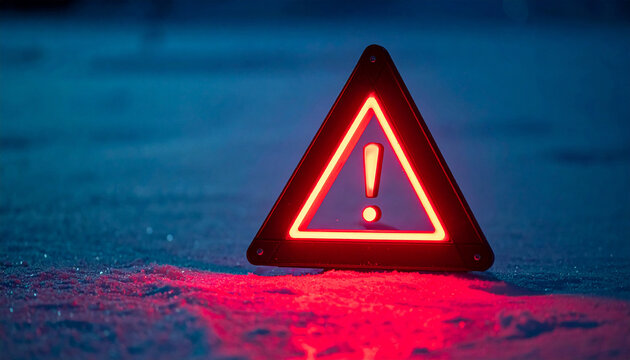 Red neon triangular warning sign with exclamation mark glowing on snow covered ground, winter