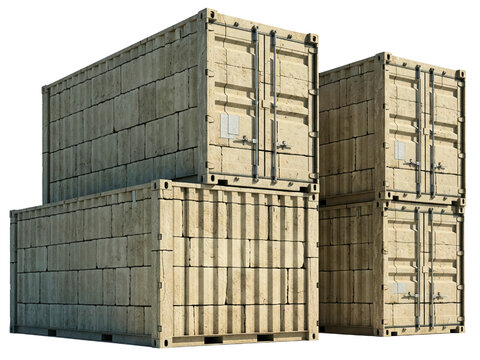 Stack of old weathered cargo shipping containers for logistics on a transparent background