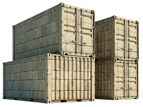 Stack of old weathered cargo shipping containers for logistics on a transparent background