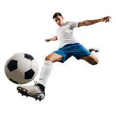 Obraz premium Dynamic shot of a male soccer player in mid-action, kicking a ball with intense focus and athletic prowess