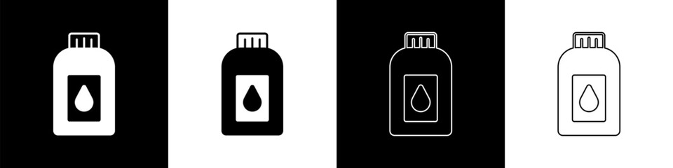 Set Canister for motor machine oil icon isolated on black and white background. Oil gallon. Oil change service and repair. Vector