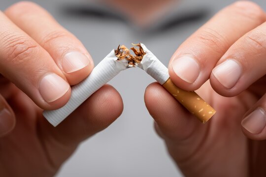Close-up of hands snapping a cigarette in half with tobacco spilling out, symbolizing quitting smoking, healthy lifestyle choices and personal commitment to prevention