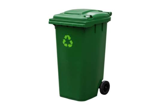 Green recycling bin isolated, waste container for garbage disposal and environmental protection on a clean background