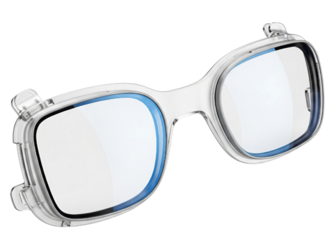 Clear plastic safety glasses with side shields and blue frame on a transparent background