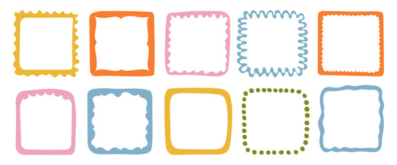 A collection of colorful hand-drawn square frames. Vector decorative borders for scrapbooking, greeting cards, invitations, photo albums, labels, posters, and creative design projects. 