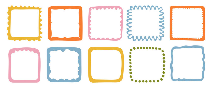 A collection of colorful hand-drawn square frames. Vector decorative borders for scrapbooking, greeting cards, invitations, photo albums, labels, posters, and creative design projects. 