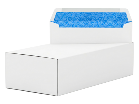 Box of white business envelopes with blue security tint pattern on a transparent background