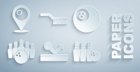 Set Billiard ball, Bowling pin and, Pool table brush and Location with billiard icon. Vector