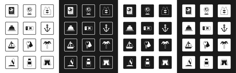Set Life jacket, Airline ticket, Hotel service bell, Passport, Anchor, Location on the globe, Tropical palm tree and Yacht sailboat icon. Vector