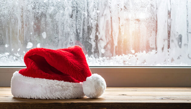 Red Santa hat on wooden windowsill, frosted glass window, warm winter light, cozy holiday season - Powered by Adobe