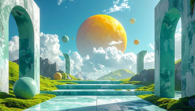 A surreal, vibrant landscape. Stone arches frame the scene, leading towards a giant, golden planet. Floating orbs and lush terrain fill the space