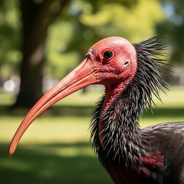 Close-up of a Bald Ibis Bird with Red Head and Long Beak.
