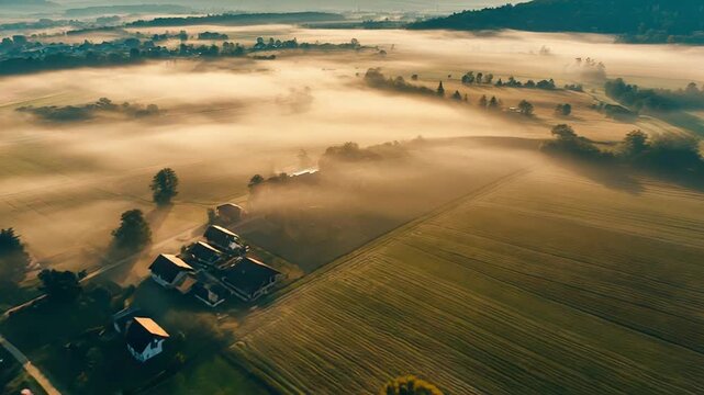 Rural village landscape with fog at sunrise