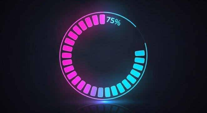 Dynamic neon loading bar at 75% completion, perfect for vibrant technology presentations and modern app designs needing a progress indicator - Powered by Adobe