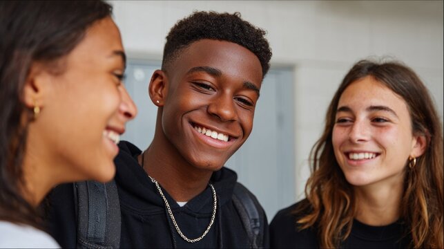 A group of young people smiling and laughing together, possibly at a social event or gathering. - Powered by Adobe