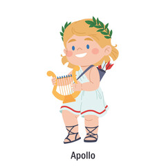 Ancient Greek god Apollo. Olympian sun god character. Cute child character of classical mythology. Deity with lyre, arrows, laurel wreath