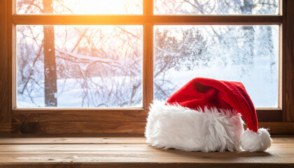 Red Santa hat on wooden windowsill, frosted glass window, warm winter light, cozy holiday season