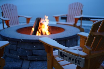 Adirondack chairs around fire pit with happy new year sign