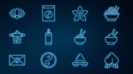 Set line Peach fruit, Rice in bowl with chopstick, Lotus flower, Firework, Yin Yang, Asian noodles and and envelope icon. Vector
