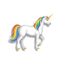 Fototapeta premium Majestic Unicorn with Rainbow Mane and Tail Gracefully Walking on a White Background, Symbolizing Magic and Fantasy