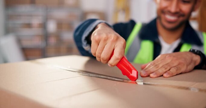 Hand, logistics and man with box cutter in warehouse for unboxing, quality control and inspection. Shipping, happy worker and open package to process return, order fulfillment and restock inventory