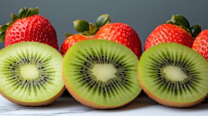 Kiwi and Strawberry Still Life: Close-Up of Sliced Kiwi and Ripe Strawberries on a White Marble Tabletop