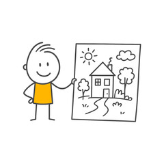 A Heartfelt Hand-Drawn Landscape A Smiling Figure Enthusiastically Sharing a Sunny House View.