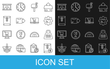 Set line Envelope with euro symbol, Weight, Gear wheel package box, Mail, Carton cardboard, Warehouse and Shopping cart laptop icon. Vector