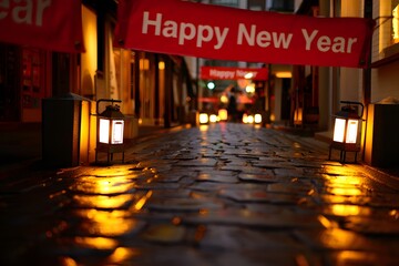 Happy new year banner hanging over cobblestone street