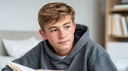 Obraz premium A young male reading a book in his room.