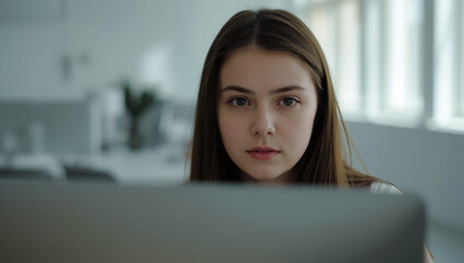 portrait of a young woman looking through a window