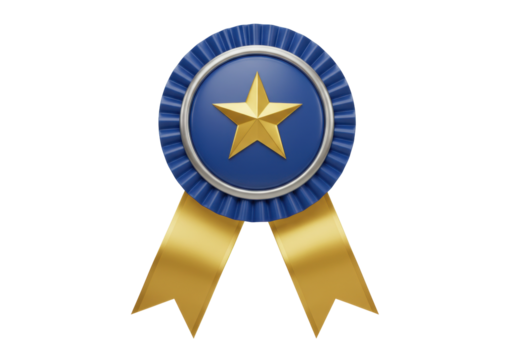 Blue award rosette with golden star isolated on transparent PNG, prize ribbon for achievement and recognition