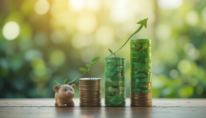 piggy bank with coins piggy bank and coins on green background trading graph 