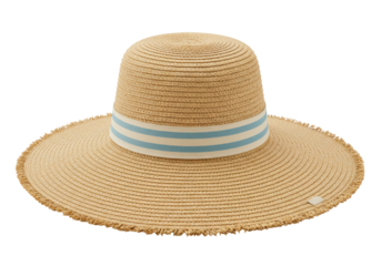 Straw sun hat with blue stripes isolated, summer fashion accessory for beach vacation and sun protection