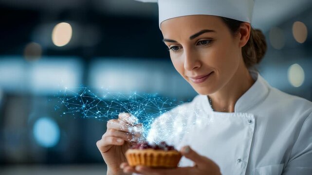 A professional pastry chef decorates a tart with futuristic digital hologram elements, blending culinary artistry and advanced technology. Modern kitchen background enhances innovation
